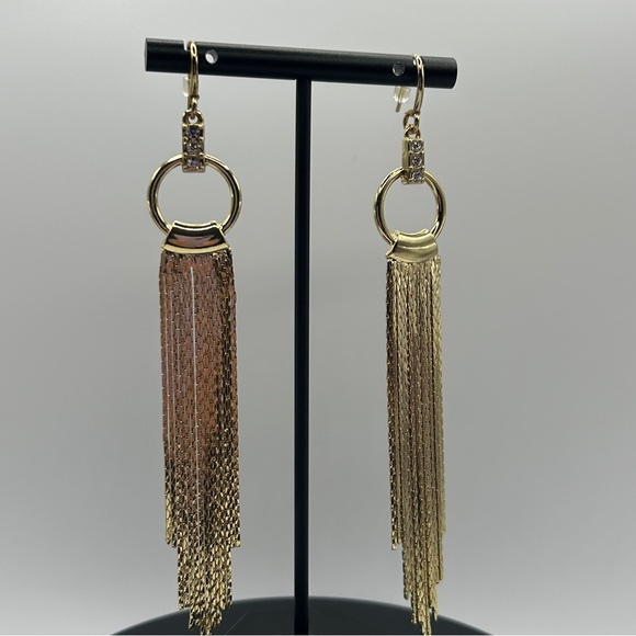 Sleek Gold & Rhinestone Tassel Statement Earrings - Picture 1 of 9
